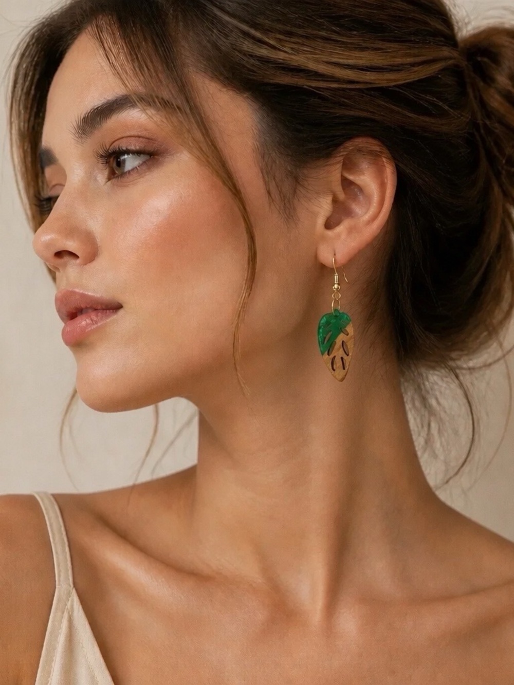 Chic Style Hand Created Green Leaf Dangle Earrings - Gold Accent